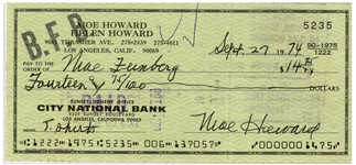 Moe Howard Lot of Two Checks Signed, Made out to Illustrated Films, Inc. Dated 3 July 1959, and Moe Feinberg, Larry's Brother, Dated 27 September 1974 -- Very Good Condition